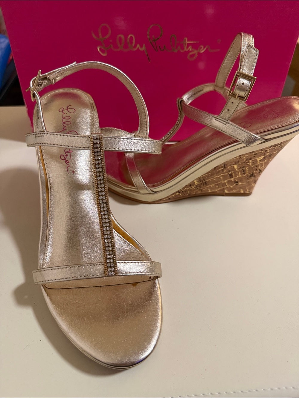 Lilly Pulitzer Metallic Gold Crystal T-Strap Wedge Sandals